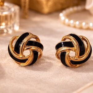 Vintage Gold Tone & Black Enamel Knot Earrings | Classic Statement Studs